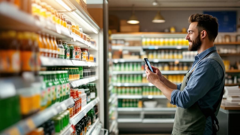 Store owner scanning shelves with a phone
